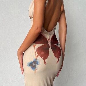 Tiger Mist Percy Maxi Dress XS Deep V Satin Maxi Dress Tan